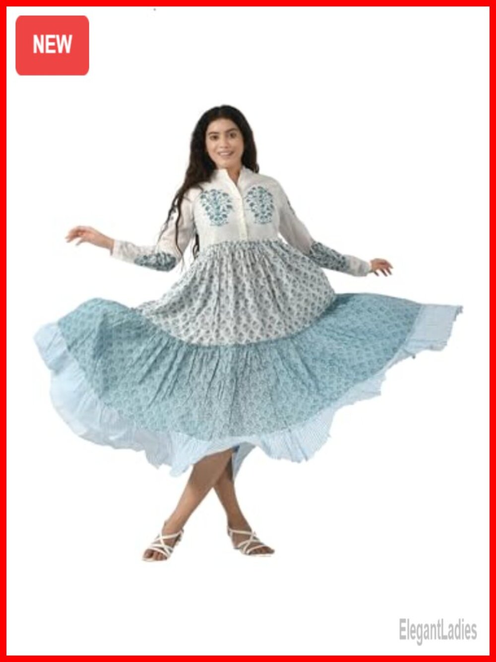 Cotton Maxi Dress Tiered Ruffled Long Sleeve Button Down Pockets